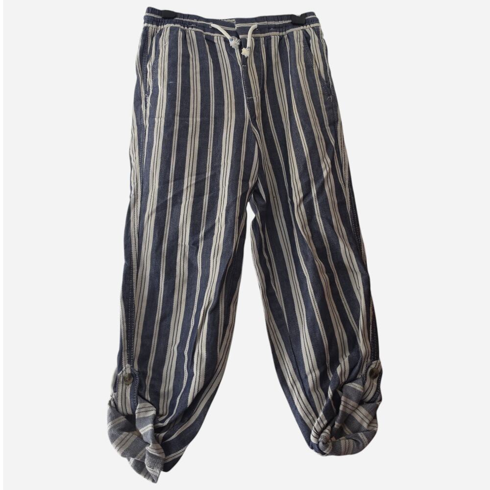 H&M Blue White Striped Casual Drawstring Rolled Hem Twill Pants Boys Size 7